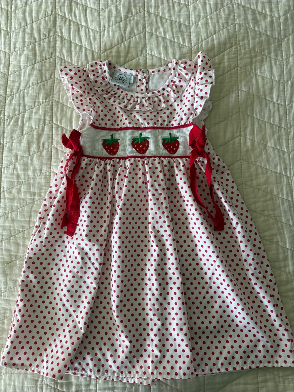 Marie Nicole White and Red Polka Dot Strawberry Smocked Kids Dress - 4T